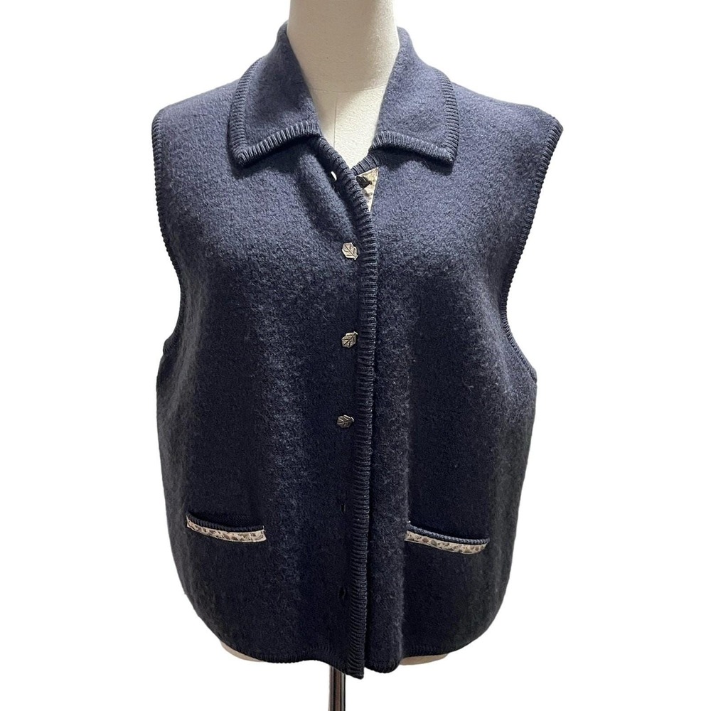 Woolrich Vintage Sweater Vest Women LG Metal Leaf Button Collared Wool Blue Gray